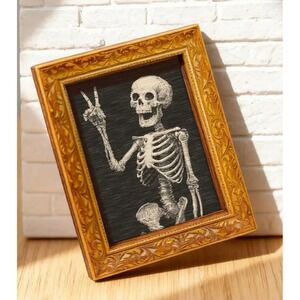 Miniature Framed Art Skeleton Peace Sign Magnetic Gothic Decor 3" x 2"